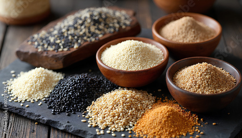 A Visually Rich Assortment of Diverse Healthy Grains and Seeds, Including White, Black, Golden, and Reddish Varieties, Neatly Piled on a Dark Slate Board and Arranged in Wooden Bowls