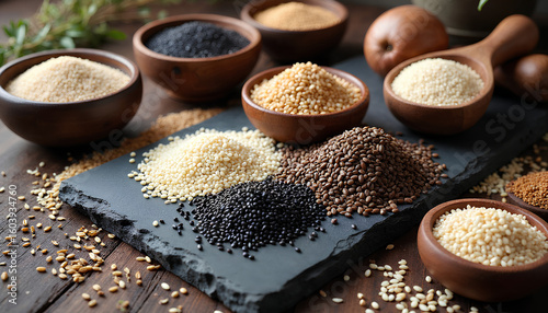 A Visually Rich Assortment of Diverse Healthy Grains and Seeds, Including White, Black, Brown, and Golden Varieties, Neatly Piled on a Dark Slate Board and Arranged in Wooden Bowls