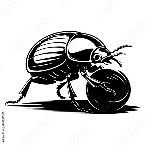 Black and white vector illustration of a dung beetle in a linocut or woodcut style for Nature Enthusiasts and Insect Art Collectors