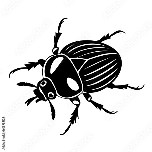 Black and white vector illustration of a dung beetle in a linocut or woodcut style for Nature Enthusiasts and Insect Art Collectors