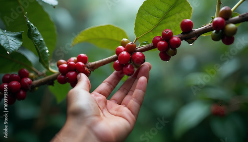 A Farmer's Hand Gently Inspecting and Harvesting Ripe, Red Coffee Cherries Directly from the Branch of a Lush Coffee Plant, Adorned with Fresh Green Leaves and Dew Drops in a Plantation.