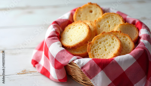 A Rustic Wicker Basket Generously Filled with Golden, Freshly Baked Slices of Bread, Elegantly Draped with a Classic Red and White Gingham Cloth, Resting on a Distressed White Wooden Table.