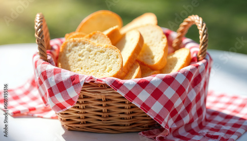 A Charming Wicker Basket Filled with Freshly Sliced Golden Bread, Lined with a Classic Red and White Gingham Cloth, Set Outdoors on a Sunny Day for a Picnic.