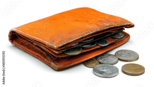 A worn, orange leather wallet with coins and bills inside, isolated on a white background.