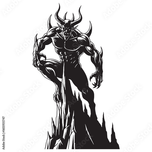 The watcher in brimstone dusk – Demon silhouette structured with brutal Demon vector – Demon illustration – Halloween vector


