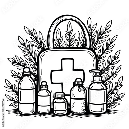 Eco-first-aid kit with natural products, hand-drawn style for kids coloring