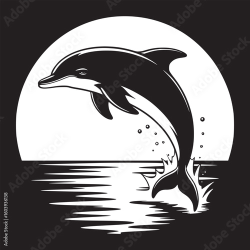A black and white illustration of a dolphin jumping out of the water with a moon in the background