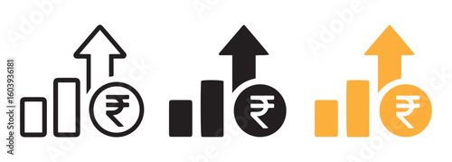 Indian Rupee Growth Icons. Bar Chart Symbols in Black, White, and Orange for Financial Success.