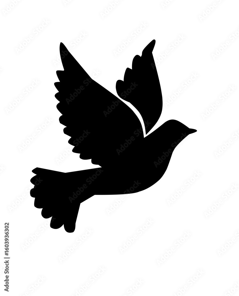 Obraz premium A bold and simple black silhouette of a flying dove with wings spread wide. This design symbolizes peace, freedom, hope, and purity. The clean, minimal style makes it perfect for organizations, brands