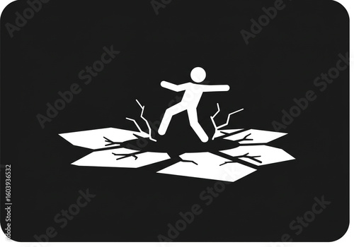 White stick figure standing on cracking ground against a black background graphic art