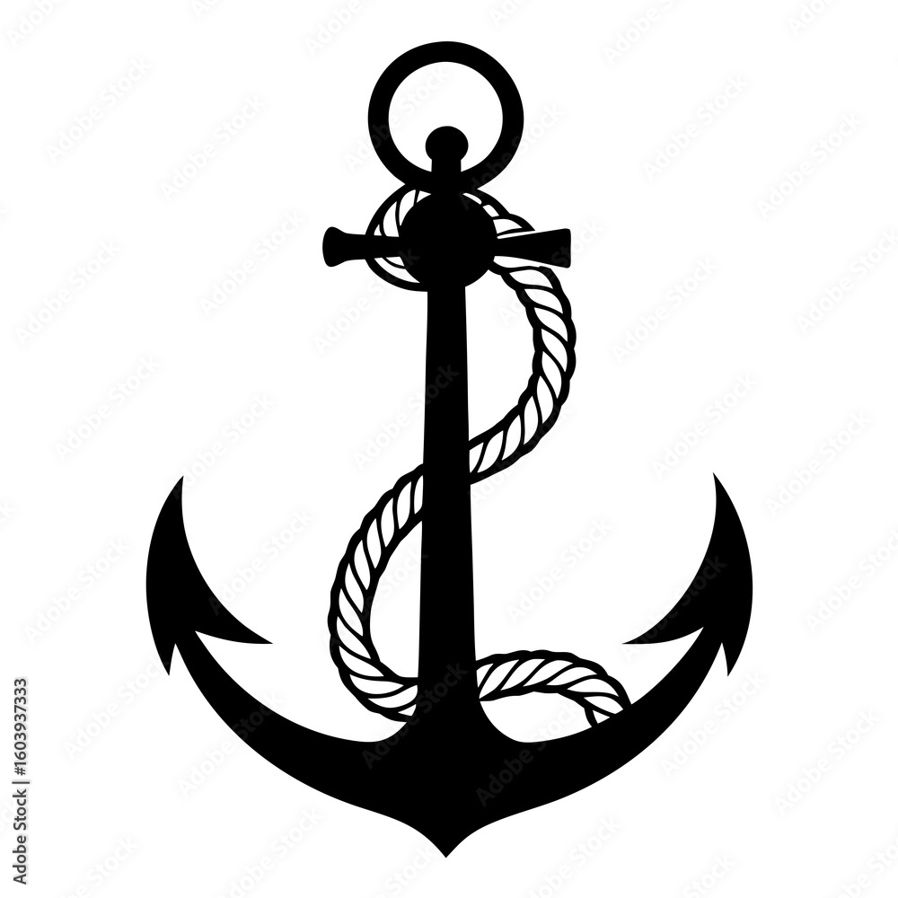 Naklejka premium Anchor with Rope clean black silhouette design white background