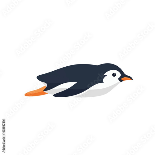 A penguin swims underwater, depicted in a flat, cartoon style with black, white, and orange coloring.