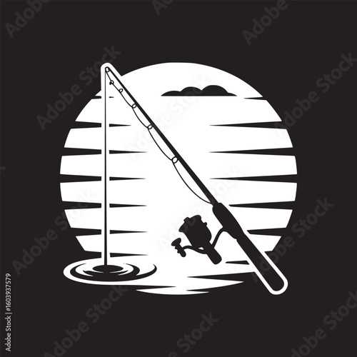 Silhouette of fishing rod and reel against a striped circle in black and white illustration art