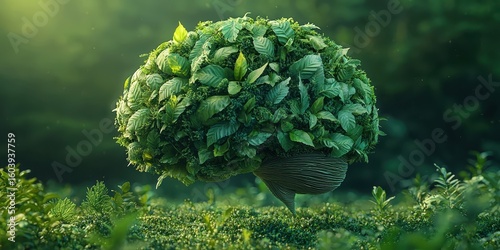 A conceptual eco-brain made of lush greenery, symbolizing nature-inspired thinking and environmental awareness.