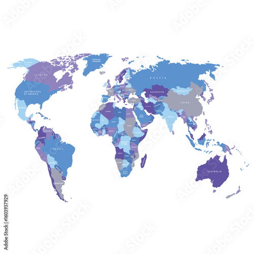 World map. Blue political map of the world cut out of paper on white background. Countries. Vector