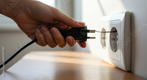A hand is plugging a black electrical plug into a white wall outlet on a light surface