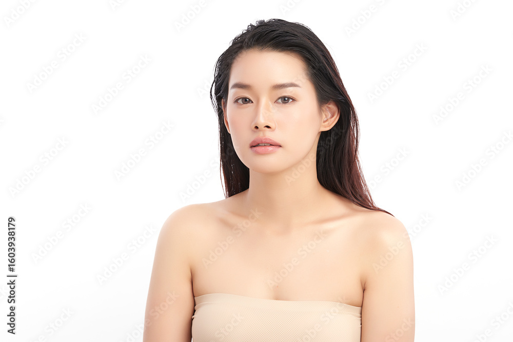 A beautiful young Asian woman with clean, fresh skin against a white background. Skincare, facial treatment, cosmetology, beauty, and spa. An elegant portrait of an Asian woman. A beautiful young Asian woman with clean, fresh skin against a white background. Skincare, facial treatment, cosmetology, beauty, and spa. An elegant portrait of an Asian woman.