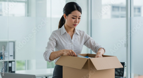 Sad asian woman packing her belongings into a cardboard box in a bright office space