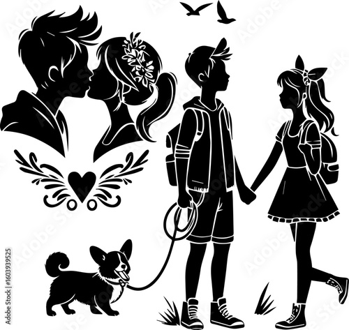 Young couple walking with dog and enjoying each other's company,  teenager's first kiss   