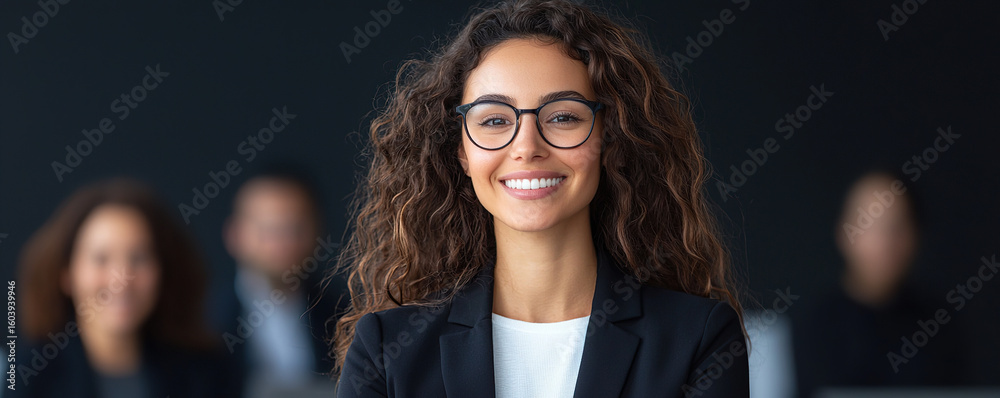 Fototapeta premium Confident woman with curly hair and glasses smiles in professional setting, showcasing positive and engaging atmosphere