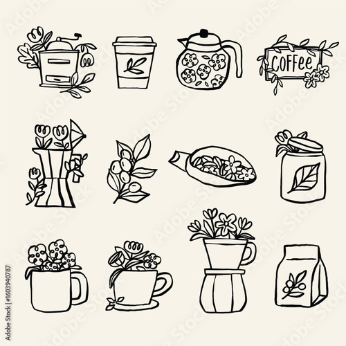 Handdrawn coffee-themed icons featuring floral, leafy, and earthy cafe objects perfect for menus, packaging, and branding assets.