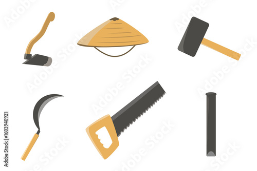 set of tradisional tools for construction and farming. 