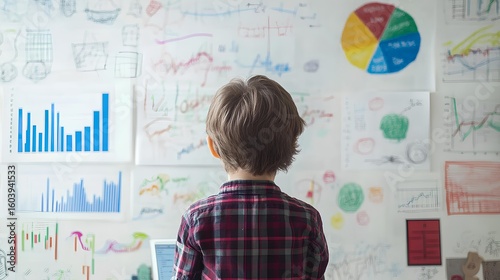 Child and Diagram: a young child analyzes a wall covered in charts and graphs, symbolizing early engagement with analytical thinking and learning about the world around them.