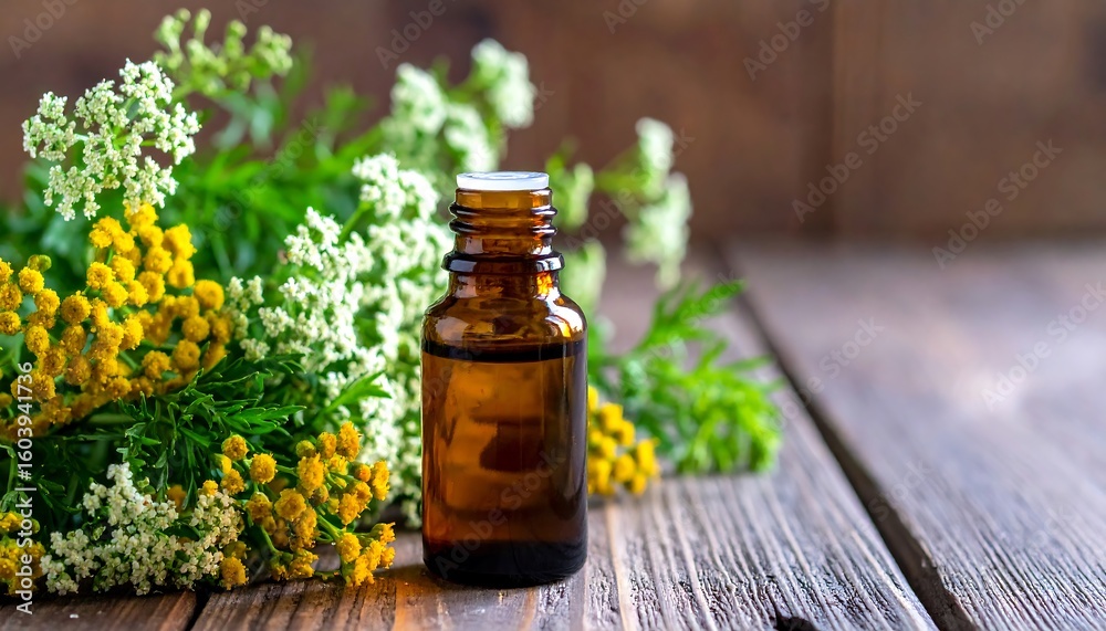 Aromatic herbal oil bottle on wooden surface Aromatic herbal oil bottle on wooden surface