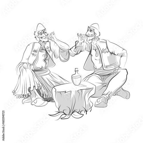 Albania folk man drinks raki and toast (dolli) together