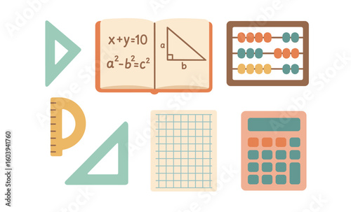 Educational tools: calculator, abacus, triangle, and math book in flat design