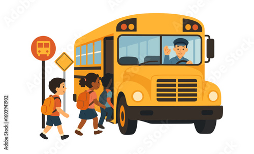 Children boarding school bus with friendly driver in flat cartoon style
