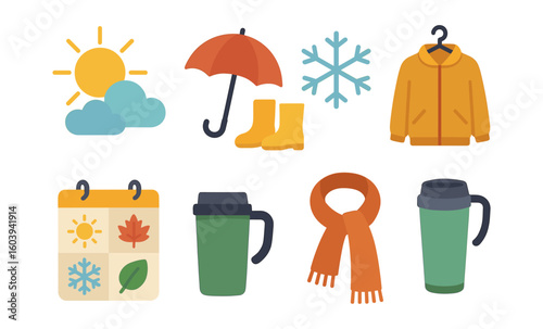 Flat design autumn and winter elements: weather, clothing, and seasonal icons