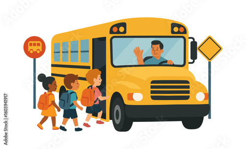 Children boarding school bus with smiling driver in flat design
