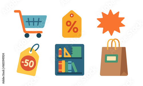 Colorful shopping icons featuring cart, discount tag, bookshelf, shopping bag, and starburst