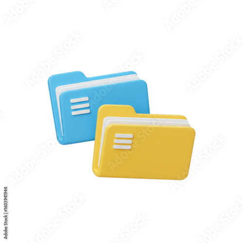 Two 3D rendered folders, one blue and one yellow,  illustrating digital organization. isolated on a transparent background, png, cutout