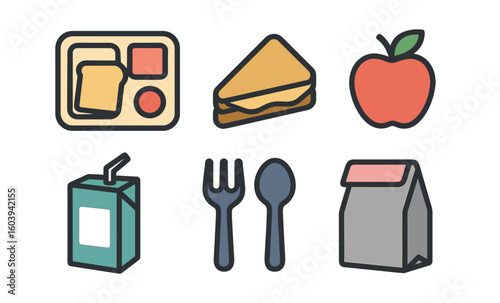 Colorful cartoon school lunch icons with sandwich and apple