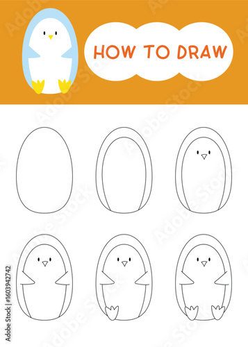 How to draw cute penguin cartoon step by step for learning, drawing, education and kindergarten