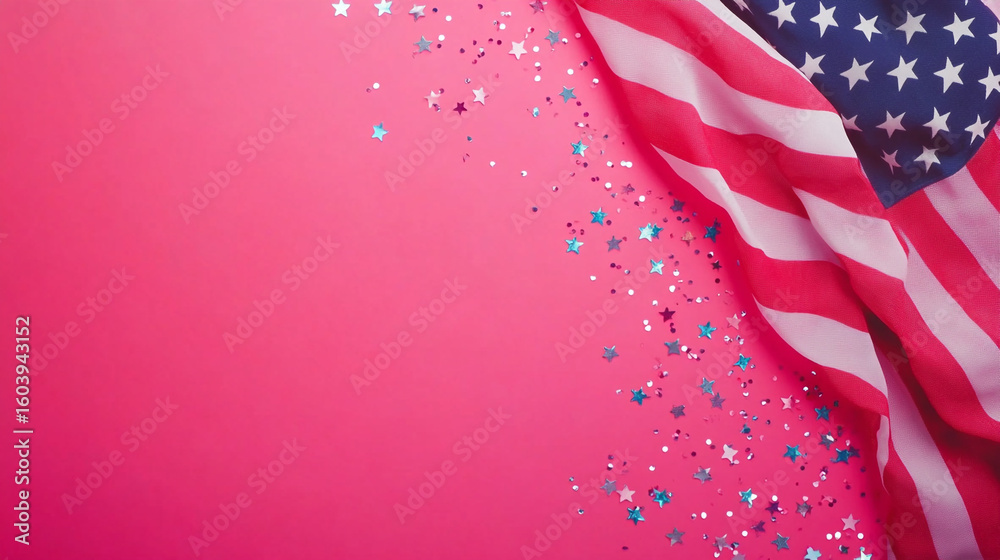 Fototapeta premium Pink background with American flag and star confetti Patriotic celebration design