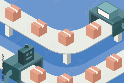Isometric illustration of an automated conveyor belt transporting cardboard boxes in a smart logistics system.