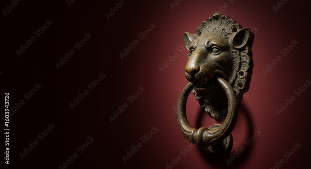 Golden lion head door knocker, an ancient architectural metal sculpture with intricate antique details Golden lion head door knocker, an ancient architectural metal sculpture with intricate antique details