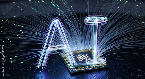 Artificial intelligence showcased by CPU, fiber optic cables, and glowing AI lettering for cutting edge technology concept