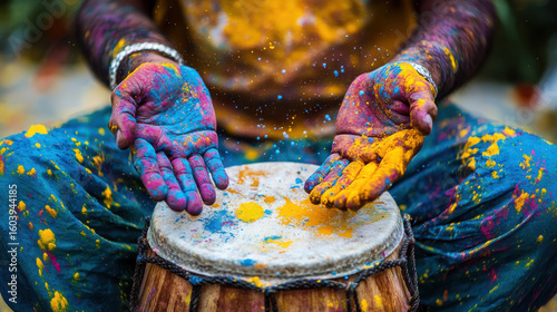 Colorful Hands Playing a Drum with Vibrant Powder During Festive Celebration