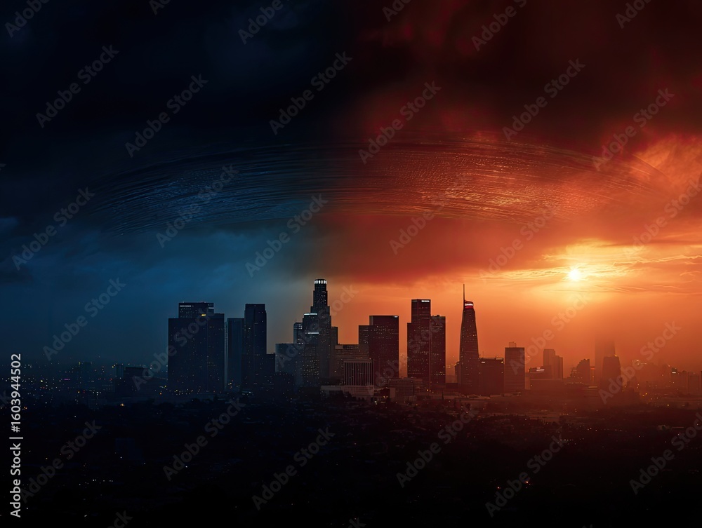 Naklejka premium City skyline split by dramatic sky