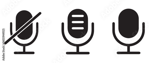 Microphone Icon Set. Muted, Transcription, and Active Audio Symbols for UI and Media Design.