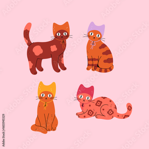 Set of cute cats in hats. Vector image