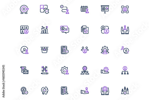 Human Resource and Talent Management Icon Set Flat Outline Vector with Purple Accent, Featuring Recruitment, Strategy, Employee Management, and Team Development
