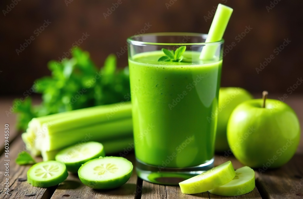 Close up of glass with green vegetable smoothie on wooden rustic table. Healthy drink of green apples celery cucumber and mint. Diet smoothie. Perfect ads branding banner for healthy food and drink. 