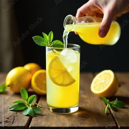 Summer cold Drink. Woman hand pour a fresh Lemonade in the glass. Lemonade with mint and ice cubes. Perfect Summer Drink ads branding poster banner wall decor. 