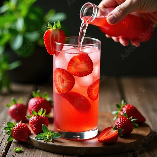 Summer berry cold Drink. Woman hand pour a Strawberry Lemonade in the glass. Strawberry Lemonade with mint and ice. Perfect non alcoholic Summer Drink ads branding poster banner background. 