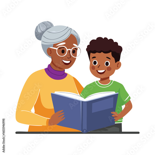 Grandmother and grandson reading a book happily together